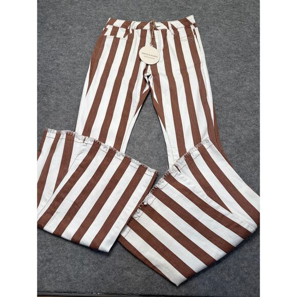 Saints&Hearts High-Rise Striped Flare Bell Bottom Jeans (Size L) Brown & White - Picture 1 of 8